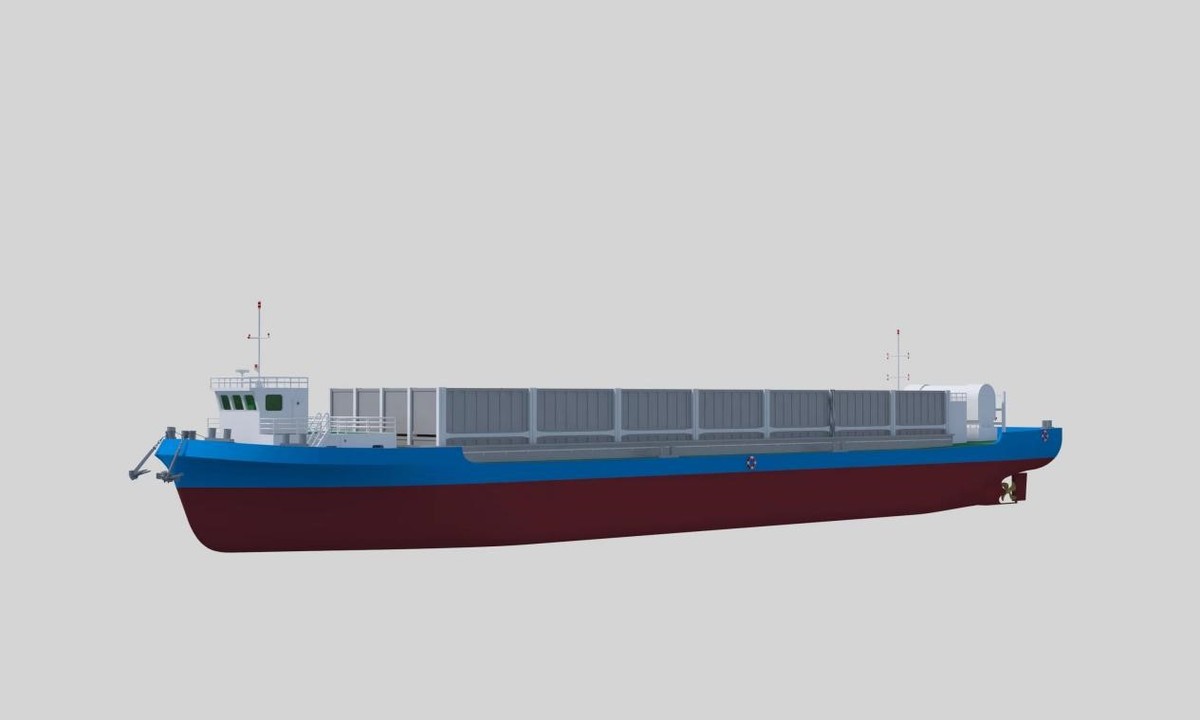 1678119768958963 3D render of a blue and white cargo barge on a gray background.