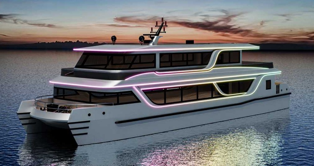 A modern white catamaran yacht with purple neon accents floating on calm water at sunset.