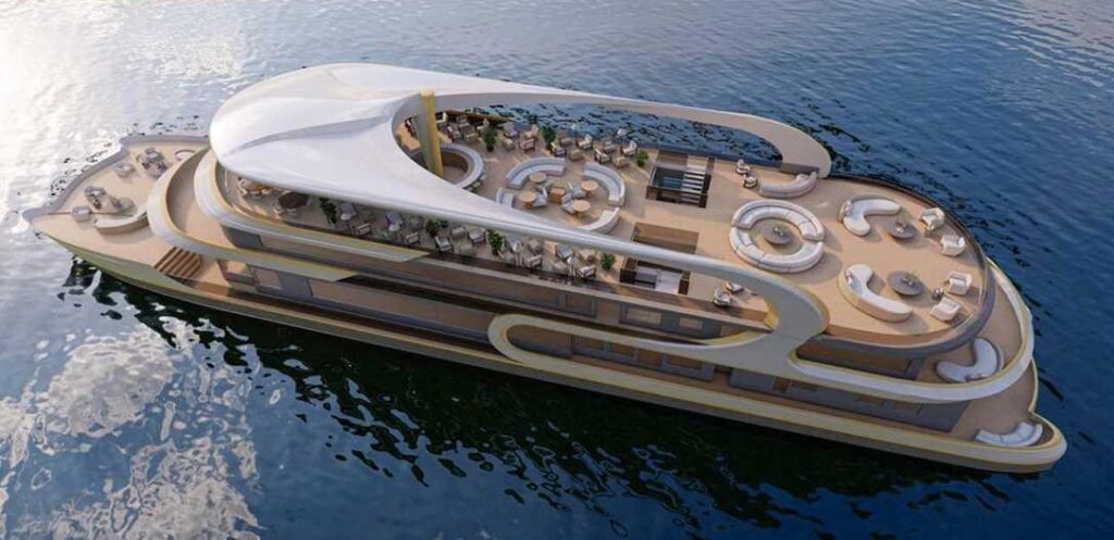 A sleek, modern luxury yacht with a flowing white canopy and outdoor lounges, floating on calm blue water.