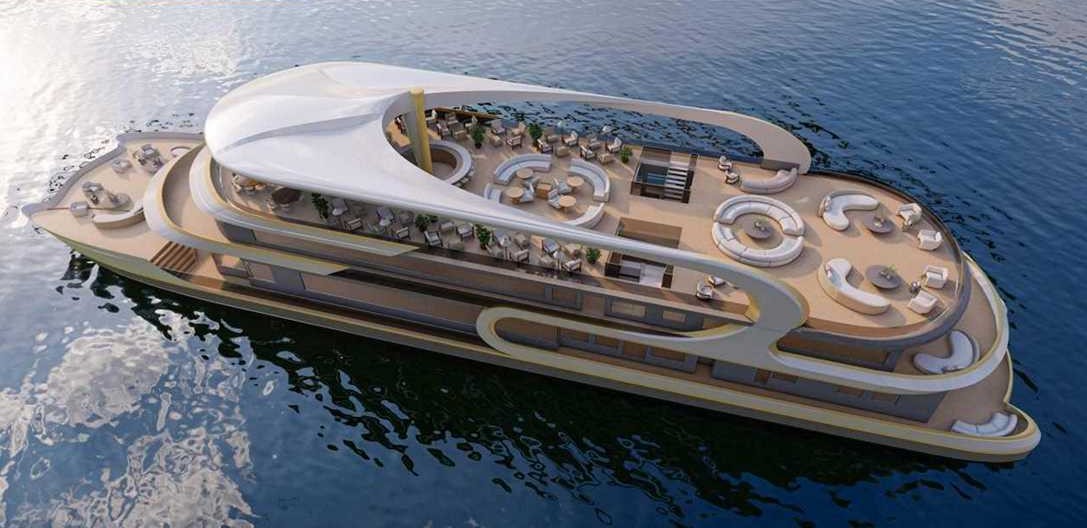 67m sightseeing vessels A sleek, modern luxury yacht with a flowing white canopy and outdoor lounges, floating on calm blue water.