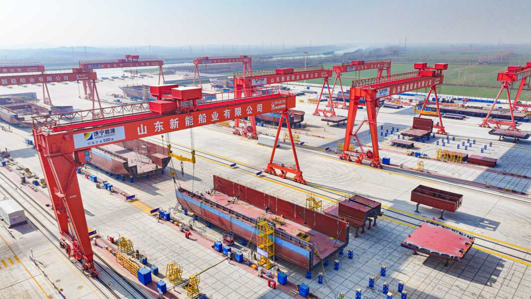 Cranes at a shipbuilding facility