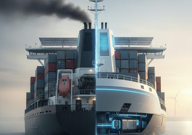 A split-view illustration of a container ship, showing a polluting version emitting black smoke on the left contrasted with a clean, solar- and wind-powered alternative on the right.