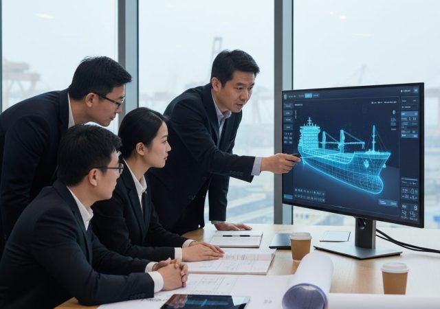A diverse team of professionals in suits collaborates on a 3D ship design displayed on a large monitor in a modern office with harbor views.